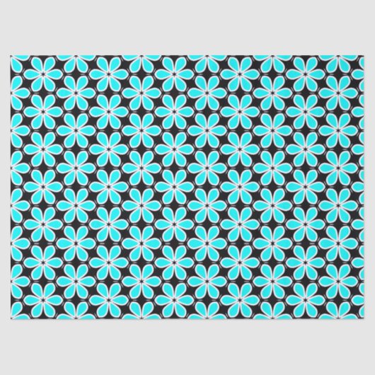 Turquoise Blue en Black Floral Pattern Tissuepapier (Voorkant)