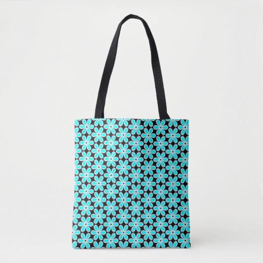 Turquoise Blue en Black Floral Pattern Tote Bag (Voorkant)