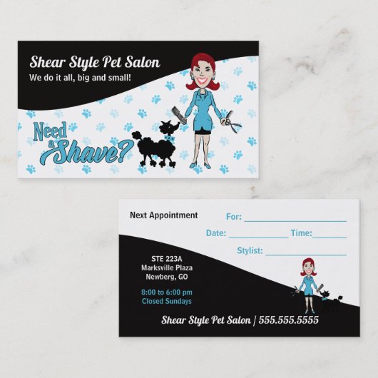 Turquoise Blue en Black Pet Groomer hebben een heb Afsprakenkaartje (Voorkant / Achterkant)
