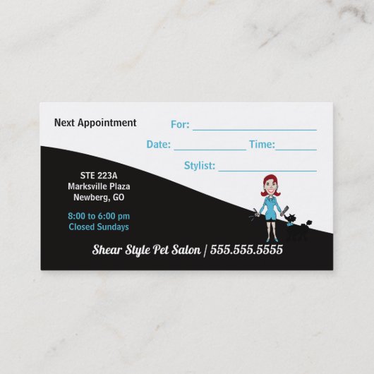 Turquoise Blue en Black Pet Groomer hebben een heb Afsprakenkaartje (Achterkant)