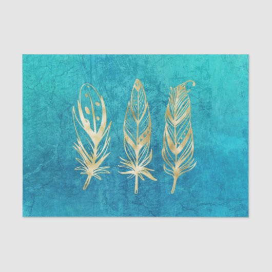 Turquoise Blue en Gold Feathers Classic Tissuepapier (Voorkant)