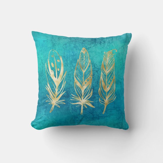 Turquoise Blue en Gold Feathers Kussen (Voorkant)