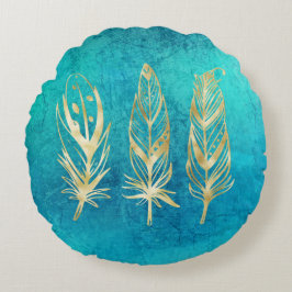 Turquoise Blue en Gold Feathers Rond Kussen