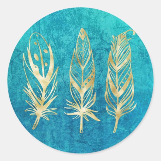 Turquoise Blue en Gold Feathers Ronde Sticker (Voorkant)