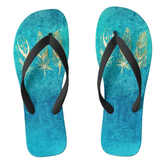Turquoise Blue en Gold Feathers Teenslippers (Voetbed)