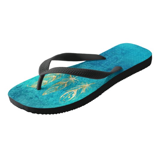Turquoise Blue en Gold Feathers Teenslippers (Schuin)