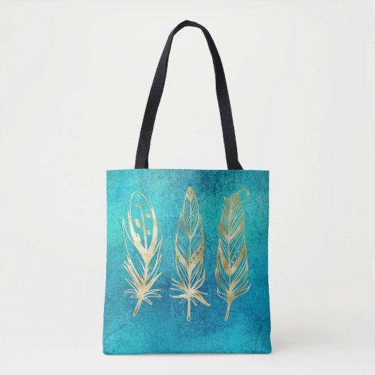 Turquoise Blue en Gold Feathers Tote Bag (Voorkant)