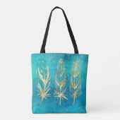 Turquoise Blue en Gold Feathers Tote Bag (Achterkant)