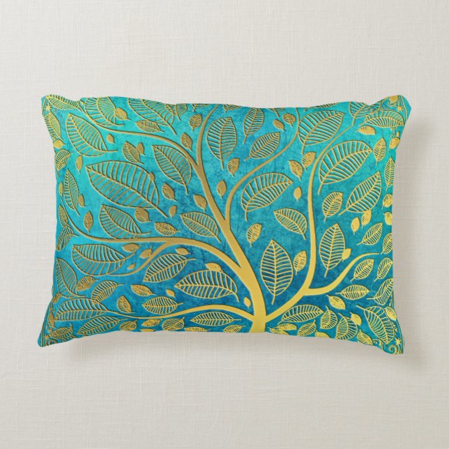 Turquoise Blue en Gold Tree Accent Kussen (Achterkant)