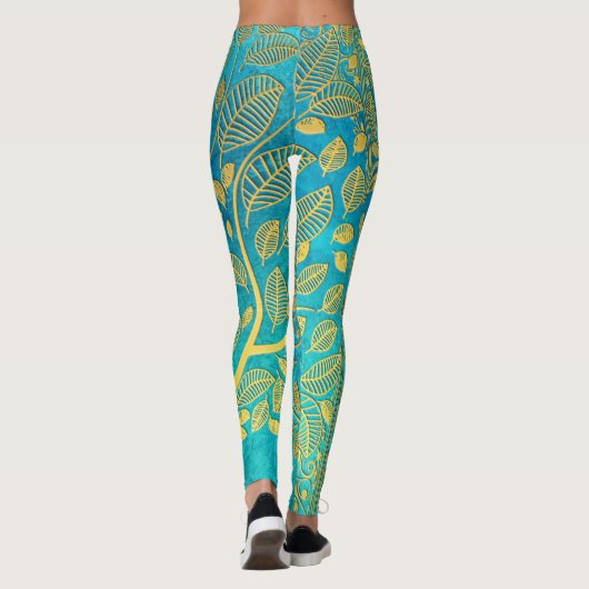 Turquoise Blue en Gold Tree Leggings (Achterkant)