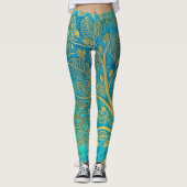 Turquoise Blue en Gold Tree Leggings (Voorkant)