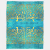 Turquoise Blue en Gold Tree of Life Fleece Deken (Voorkant)