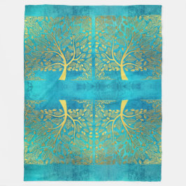 Turquoise Blue en Gold Tree of Life Fleece Deken