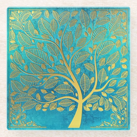 Turquoise Blue en Gold Tree of Life Glazen Onderzetter (Voorkant)