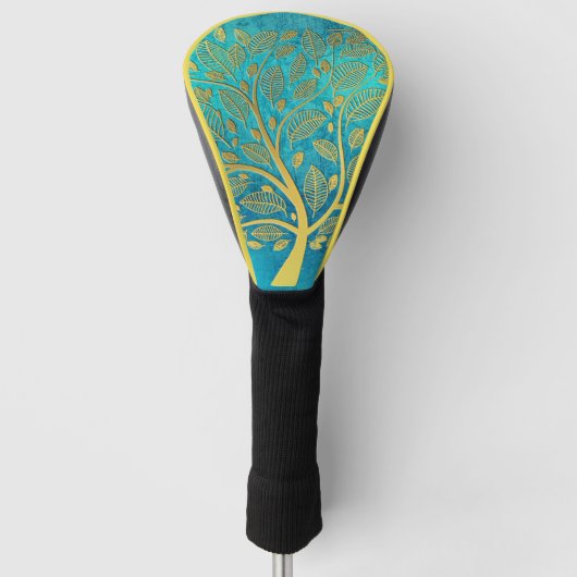 Turquoise Blue en Gold Tree of Life Golfheadcover (Voorkant)