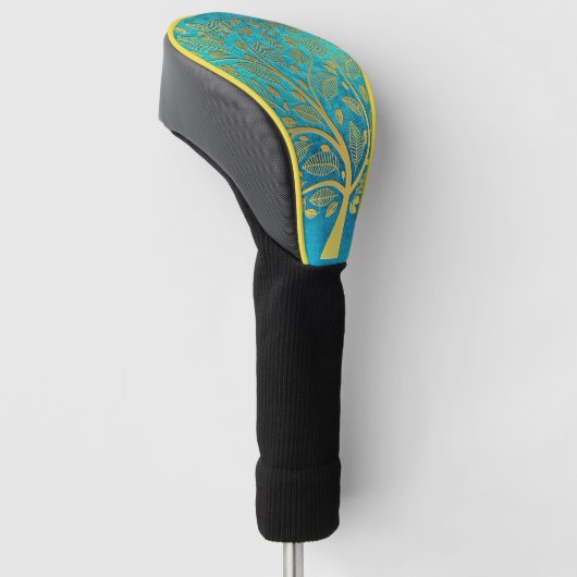 Turquoise Blue en Gold Tree of Life Golfheadcover (Schuin)