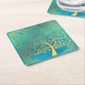 Turquoise Blue en Gold Tree of Life Kartonnen Onderzetters (Schuin)