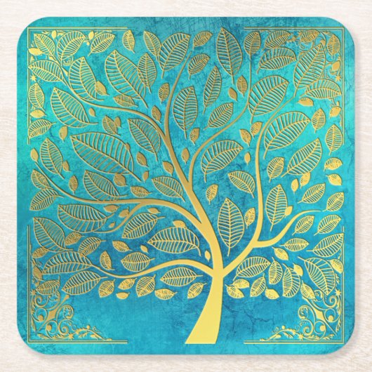 Turquoise Blue en Gold Tree of Life Kartonnen Onderzetters (Voorkant)