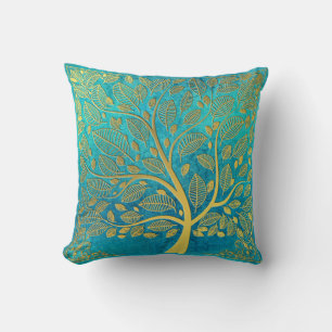 Turquoise Blue en Gold Tree of Life Kussen