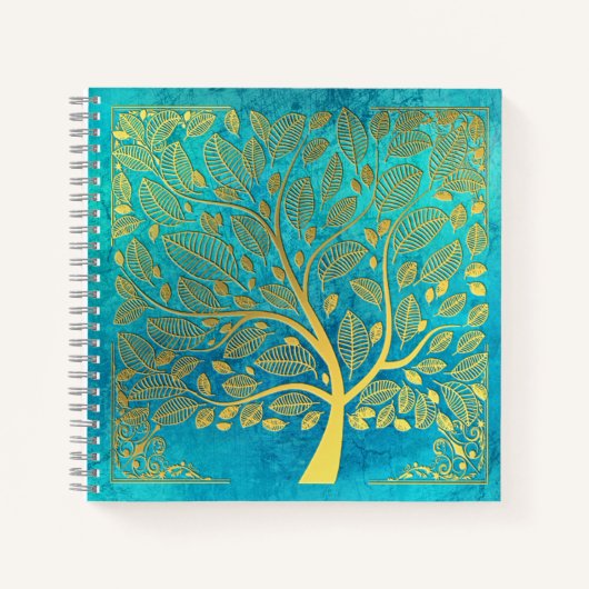 Turquoise Blue en Gold Tree of Life Notitieboek (Voorkant)