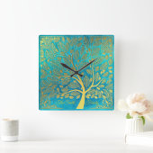 Turquoise Blue en Gold Tree of Life *Personalize* Vierkante Klok (Huis)