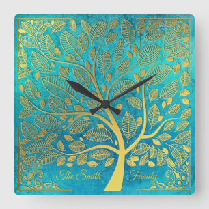 Turquoise Blue en Gold Tree of Life *Personalize* Vierkante Klok