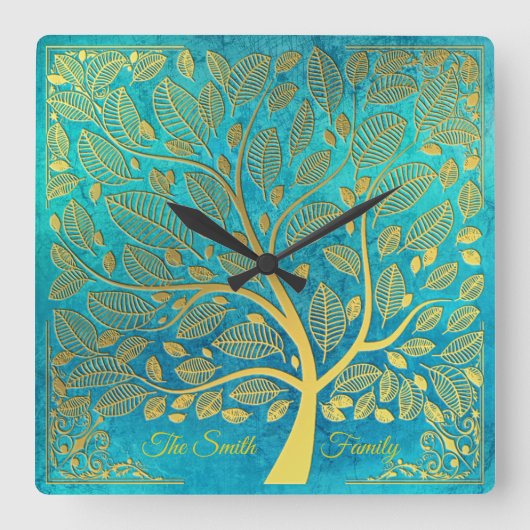 Turquoise Blue en Gold Tree of Life *Personalize* Vierkante Klok (Voorkant)