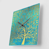 Turquoise Blue en Gold Tree of Life *Personalize* Vierkante Klok (Hoek)