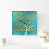 Turquoise Blue en Gold Tree of Life Vierkante Klok (Huis)