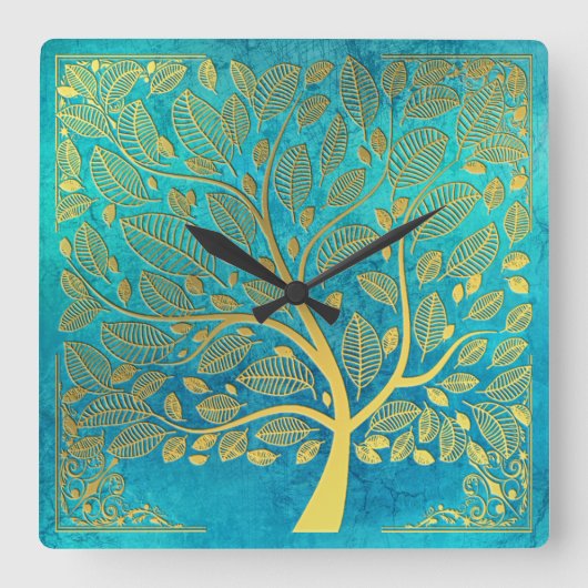 Turquoise Blue en Gold Tree of Life Vierkante Klok (Voorkant)