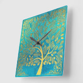 Turquoise Blue en Gold Tree of Life Vierkante Klok (Hoek)