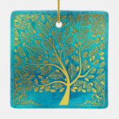 Turquoise Blue en Gold Tree *personalize* Keramisch Ornament (Achterkant)
