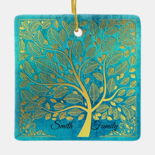 Turquoise Blue en Gold Tree *personalize* Keramisch Ornament (Voorkant)