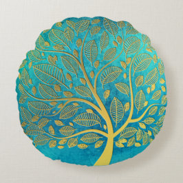 Turquoise Blue en Gold Tree Rond Kussen