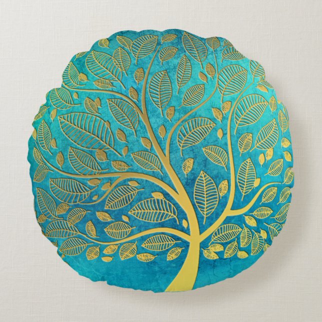 Turquoise Blue en Gold Tree Rond Kussen (Voorkant)