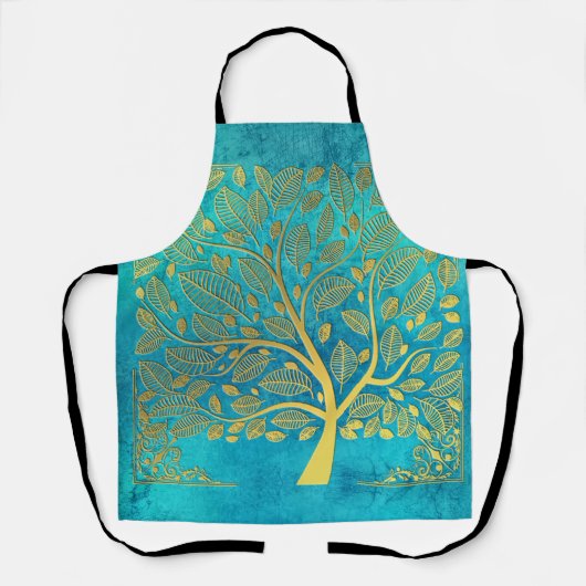 Turquoise Blue en Gold Tree Schort (Voorkant)