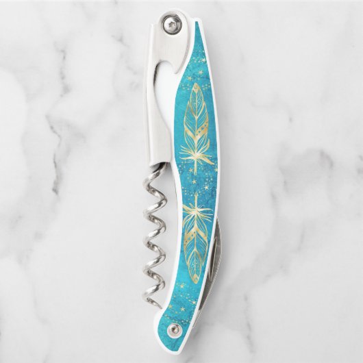Turquoise blue en gouden veren en sterren kurkentrekker (Voorkant)