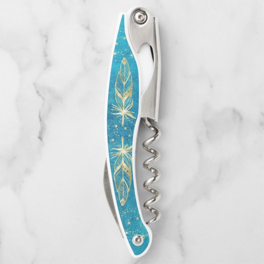 Turquoise blue en gouden veren en sterren kurkentrekker (Achterkant)