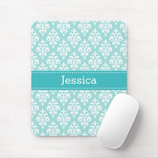 Turquoise Blue en Mint Damask Patroonnaam Muismat (Met muis)