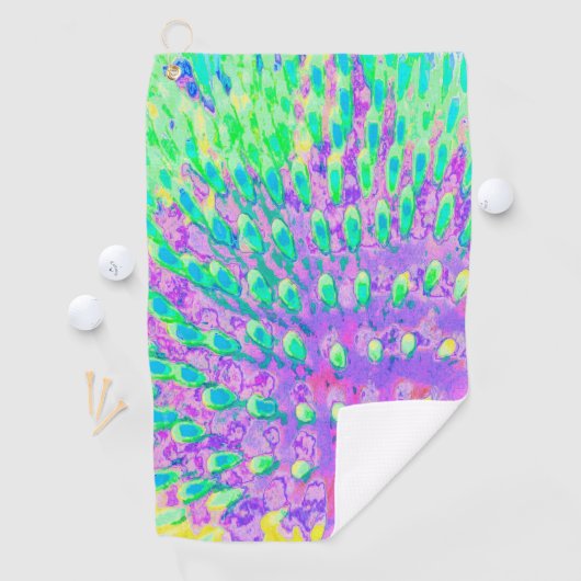 Turquoise Blue en Paarse Abstracte Coneflower Golfhanddoek (Insitu)