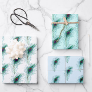 Turquoise, Blue en Paarse Peacock Feathers Inpakpapier Vel