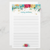 Turquoise Blue en Pink Floral, op maat gemaakt Briefpapier (Voorkant / Achterkant)