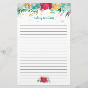 Turquoise Blue en Pink Floral, op maat gemaakt Briefpapier