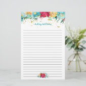Turquoise Blue en Pink Floral, op maat gemaakt Briefpapier (Staand voorkant)