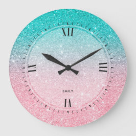 Turquoise-Blue en Salmon Pink faux Glitter Grote Klok