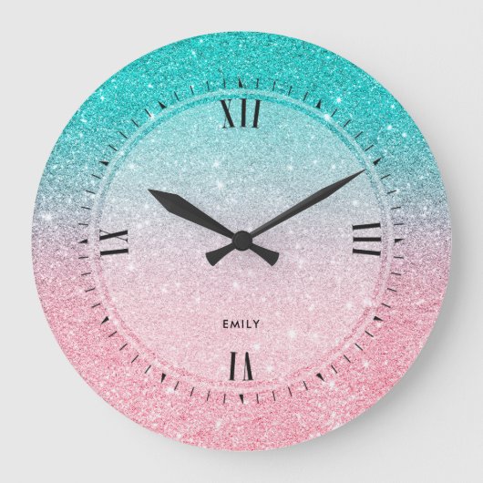 Turquoise-Blue en Salmon Pink faux Glitter Grote Klok (Voorkant)