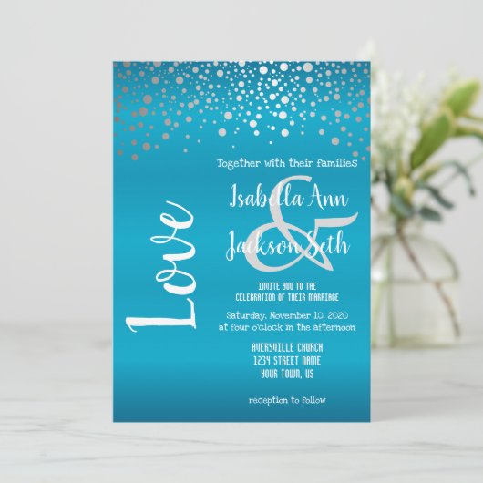 Turquoise Blue en Silver Confetti Stippen Kaart (Staand voorkant)