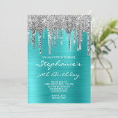 Turquoise Blue en Silver Drip 50th Birthday Kaart (Staand voorkant)