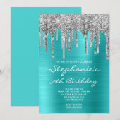 Turquoise Blue en Silver Drip 50th Birthday Kaart (Voorkant / Achterkant)