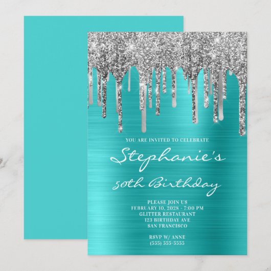 Turquoise Blue en Silver Drip 50th Birthday Kaart (Voorkant / Achterkant)